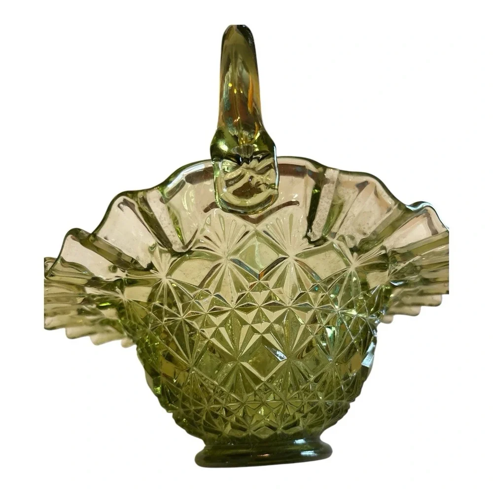 Vintage Fenton Diamond Weave Ruffle Trim Olde Virginia Glass Basket Home Décor